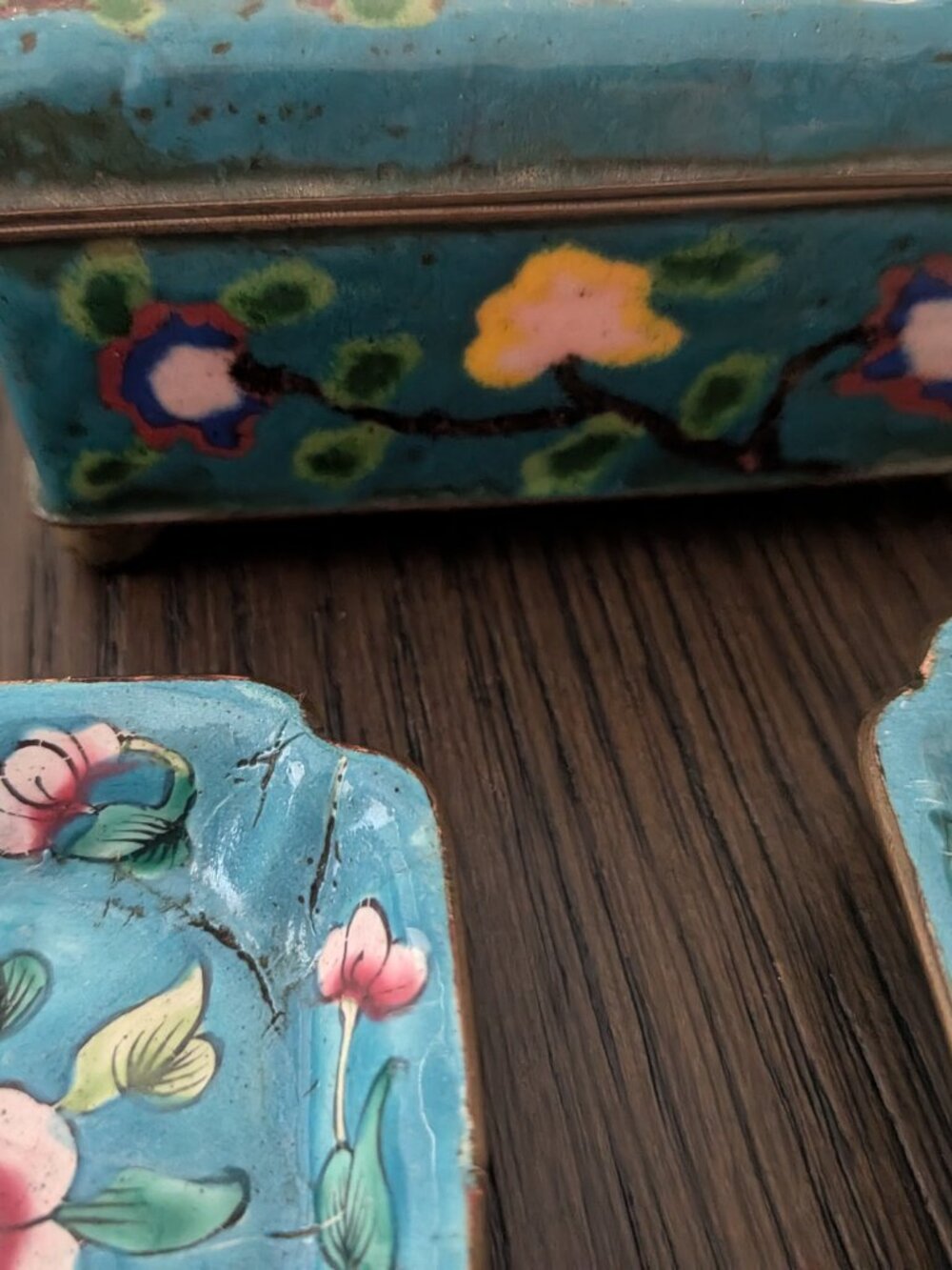 ANTIQ Chinese Canton Enamel Peony Trinket Box & Catchall Tray Set Boho Decor 3pc - Picture 14 of 16